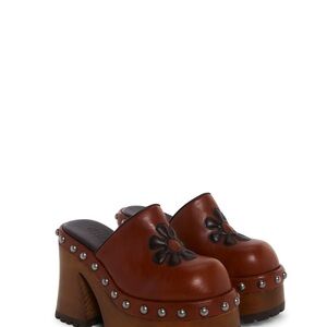 ISO!! Do not purchase this! Brown Leather Platform Clogs with Floral Design